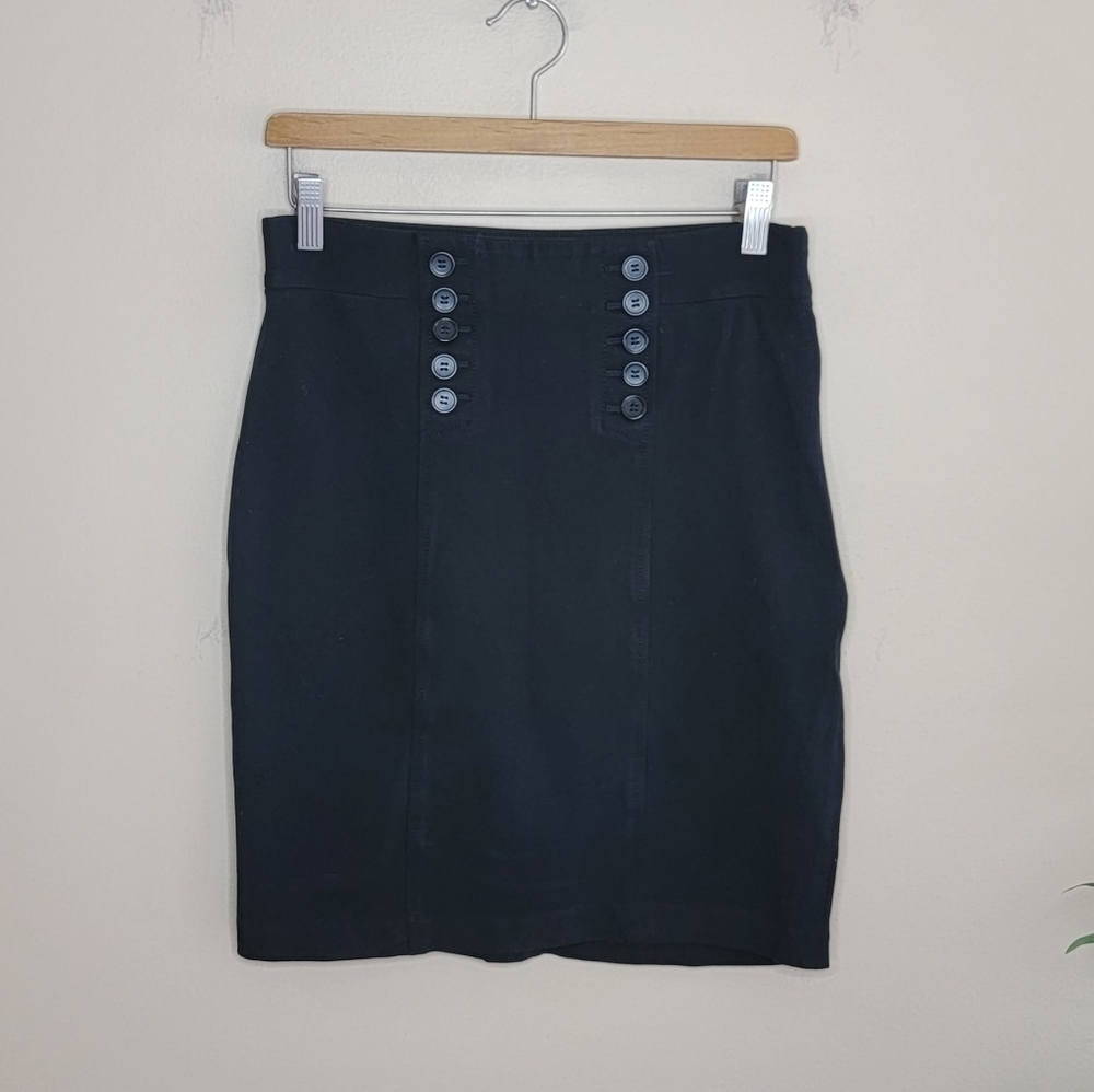 Ann Taylor Black Stretchy Pencil Skirt with Sailor Button Detail Size 6
